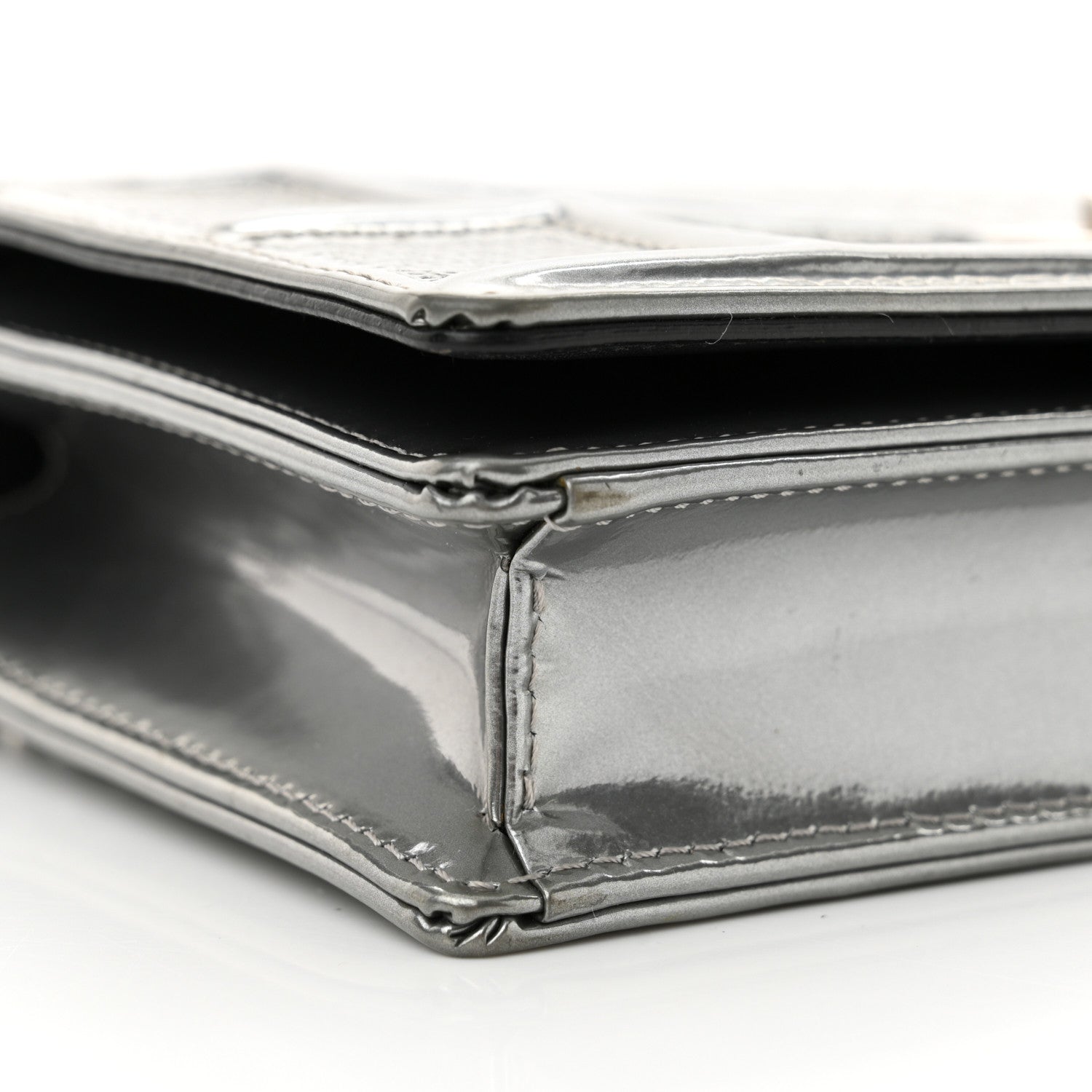Christian Dior Metallic Patent Micro-Cannage Diorama Wallet on Chain Pouch Silver 9 of 14