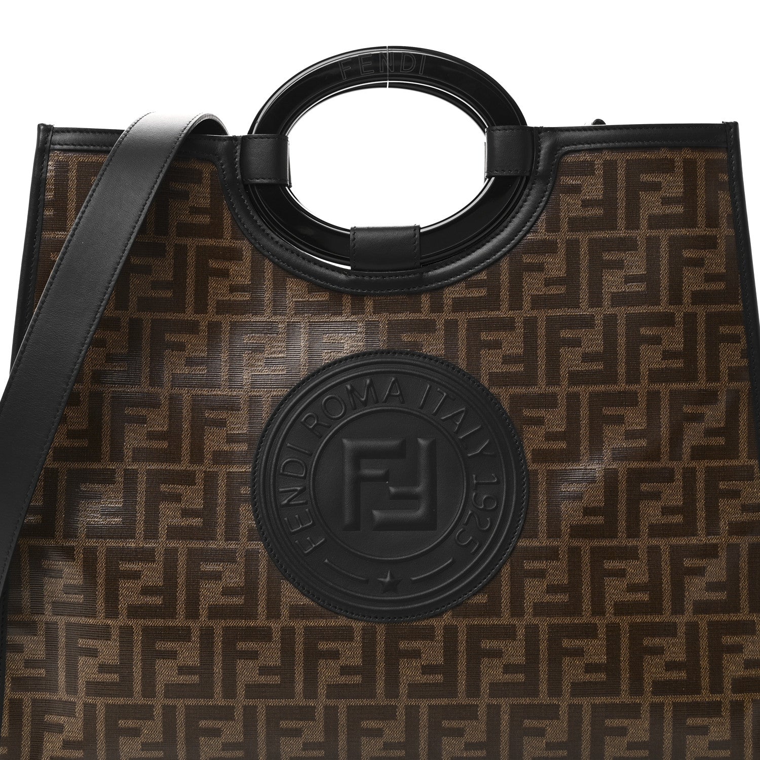 Fendi Glazed Fabric Vitello Century Plexiglass FF 1974 Stamp Patch Medium Runaway Shopper Tote Mogano Panna Black 8 of 10