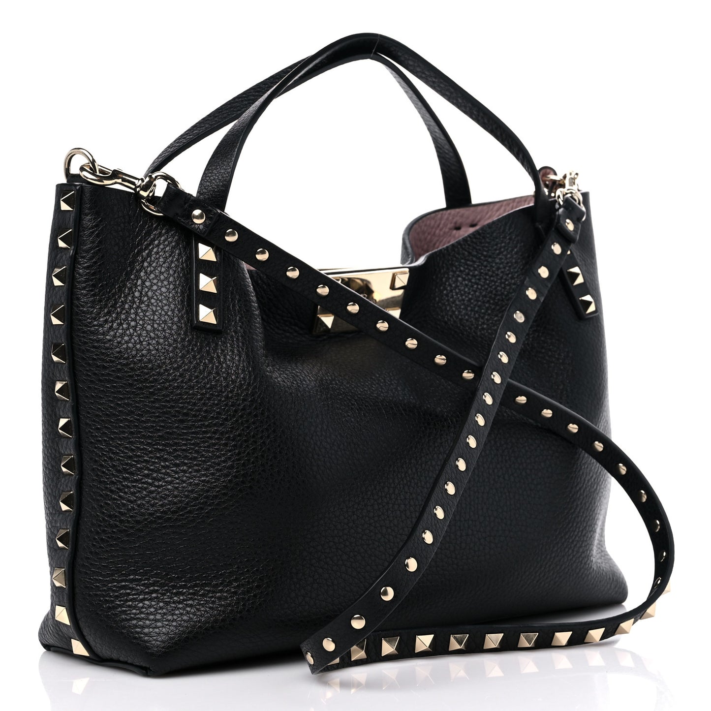 Grained Calfskin Small Rockstud Flip Lock Tote Black Rose Quartz
