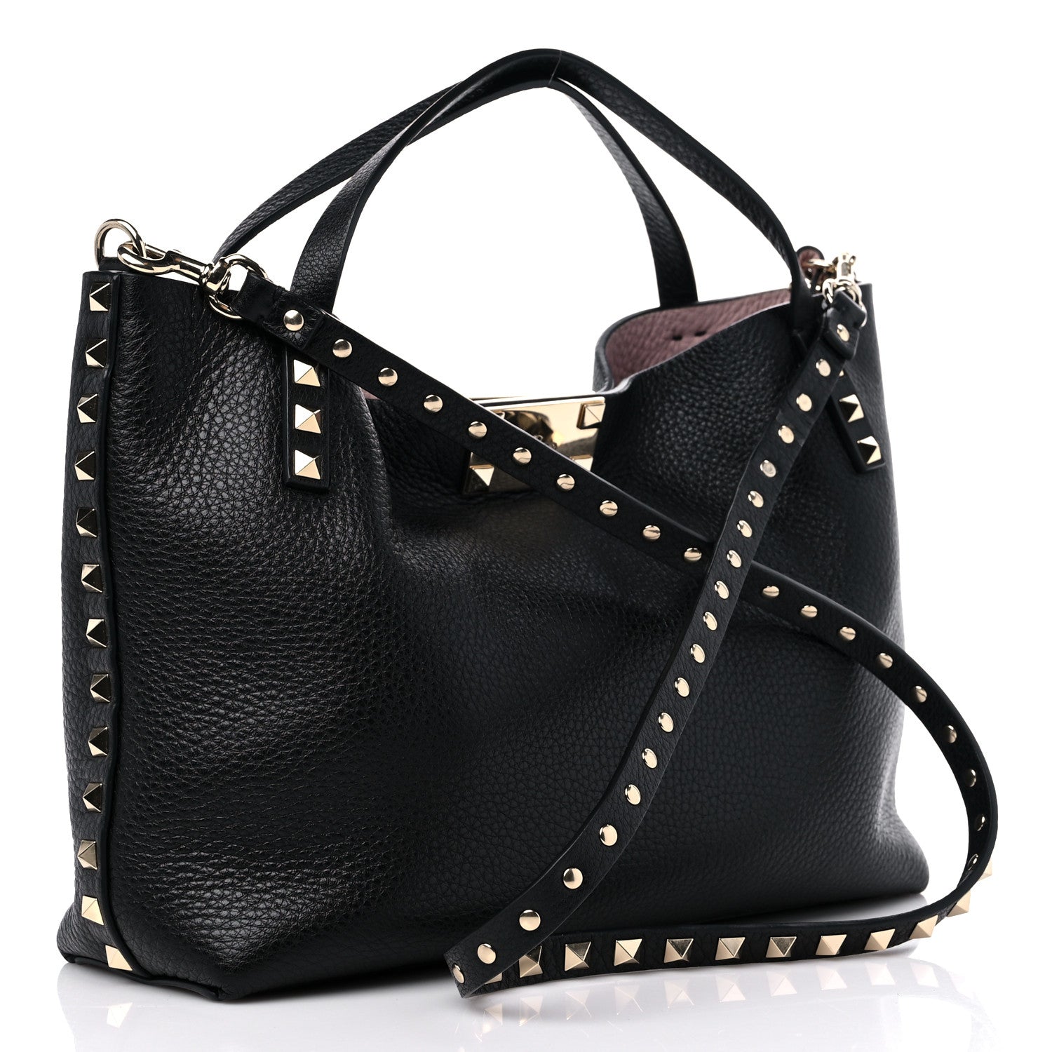 Valentino Garavani Grained Calfskin Small Rockstud Flip Lock Tote Black Rose Quartz 4 of 9
