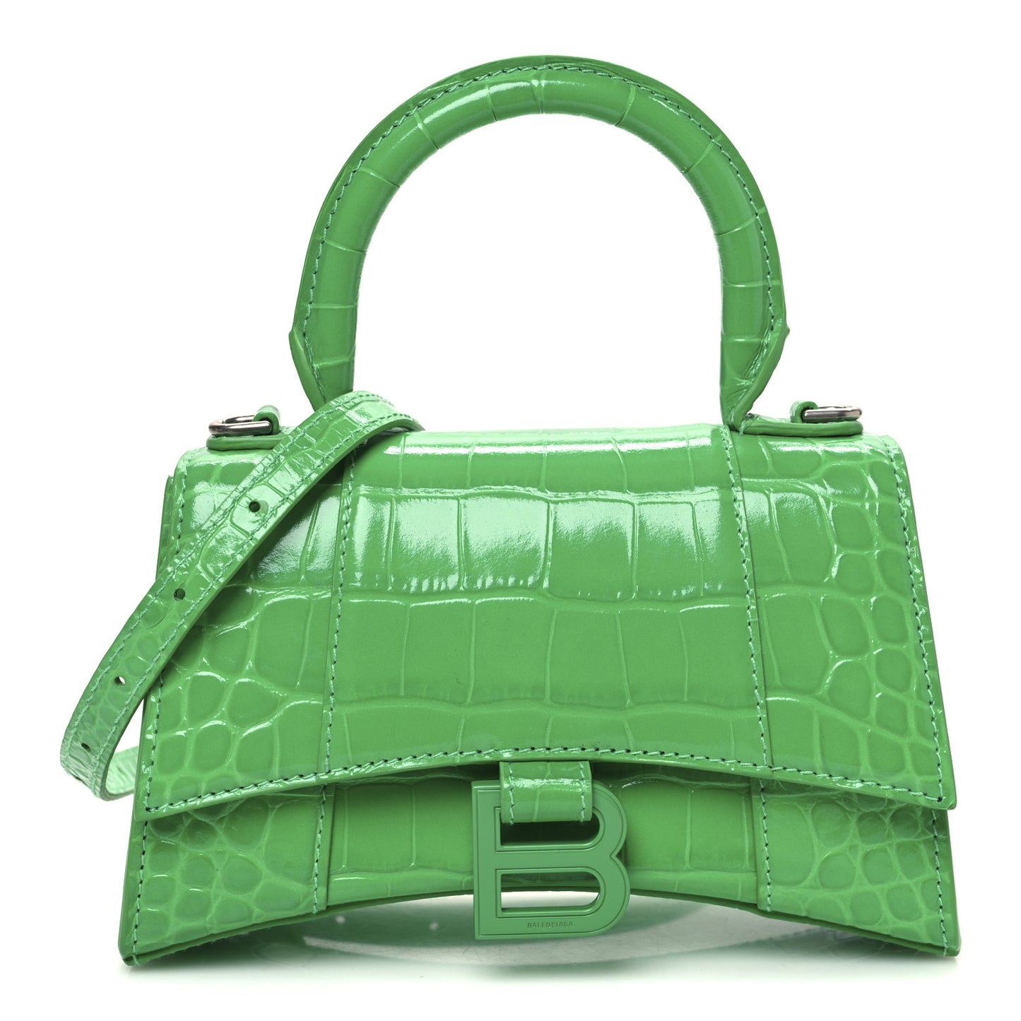 Shiny Calfskin Tonal B Crocodile Embossed Hourglass Top Handle Bag XS Vivid Green