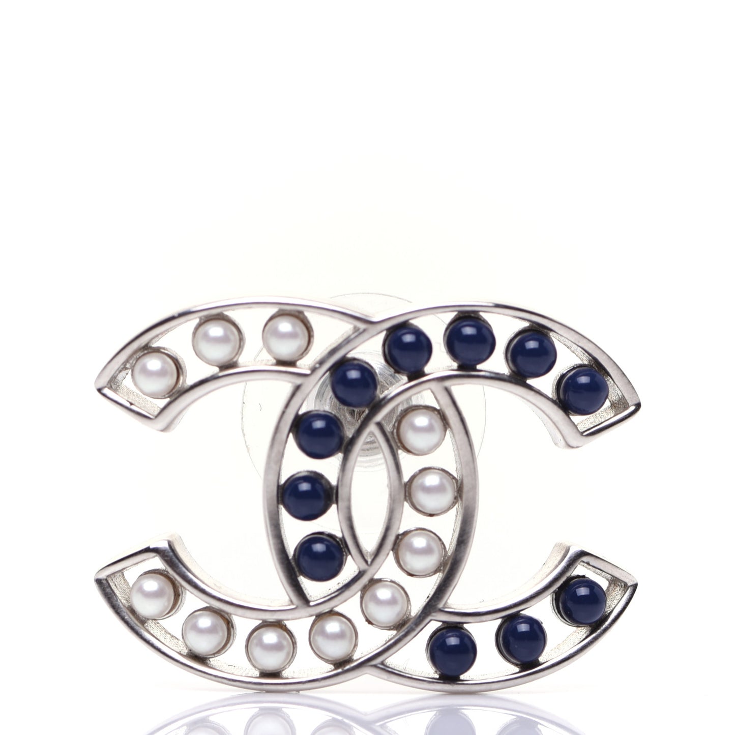 Pearl Beaded CC Earrings Silver White Blue