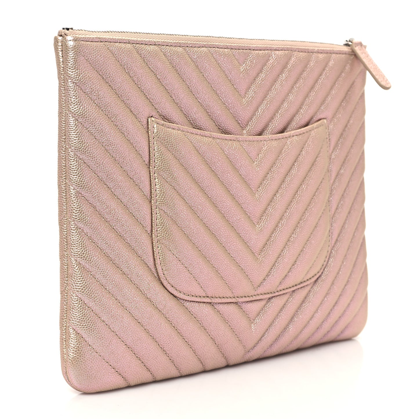 Iridescent Caviar Chevron Quilted Medium Cosmetic Case Light Gold