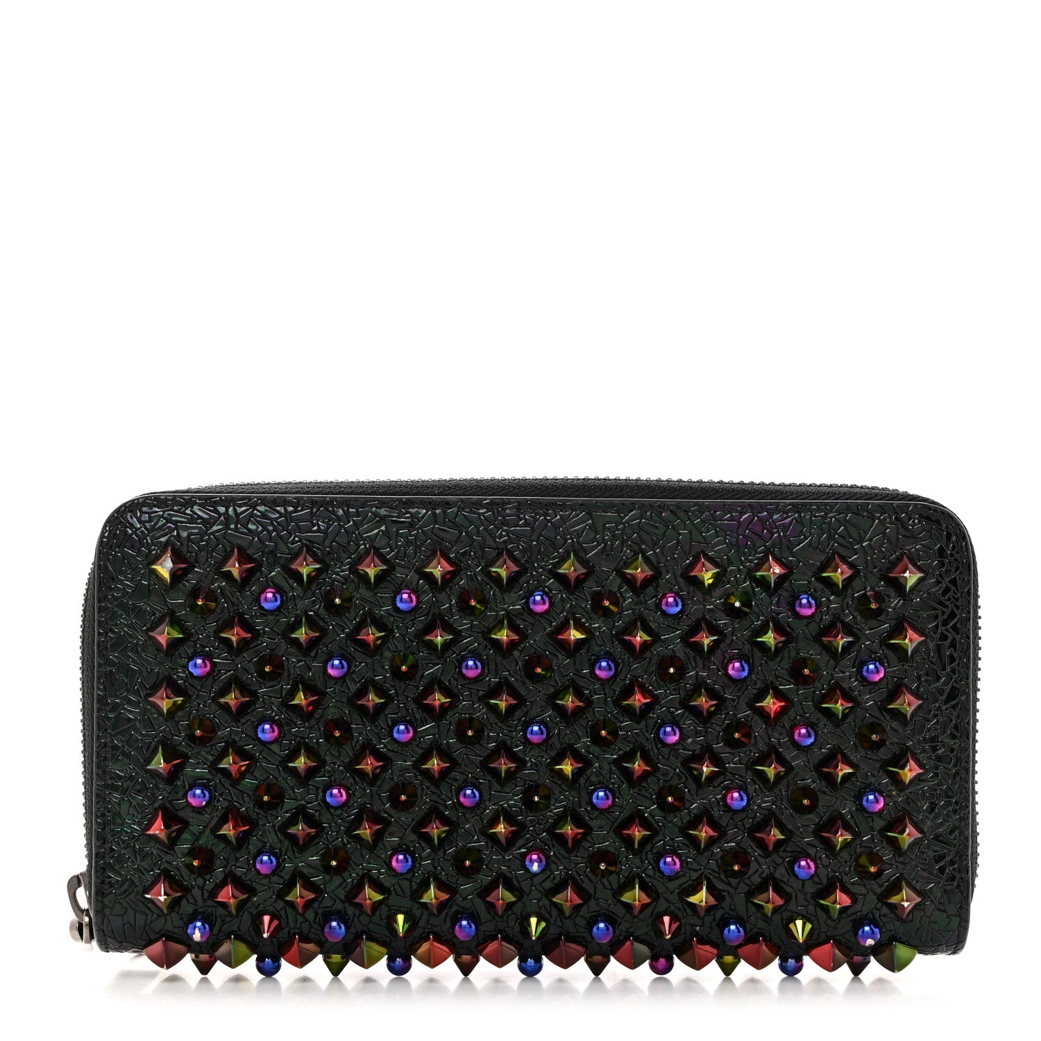 Christian Louboutin Metallic Patent Spikes Panettone Zip Around Wallet Black Multicolor Metal 1 of 6