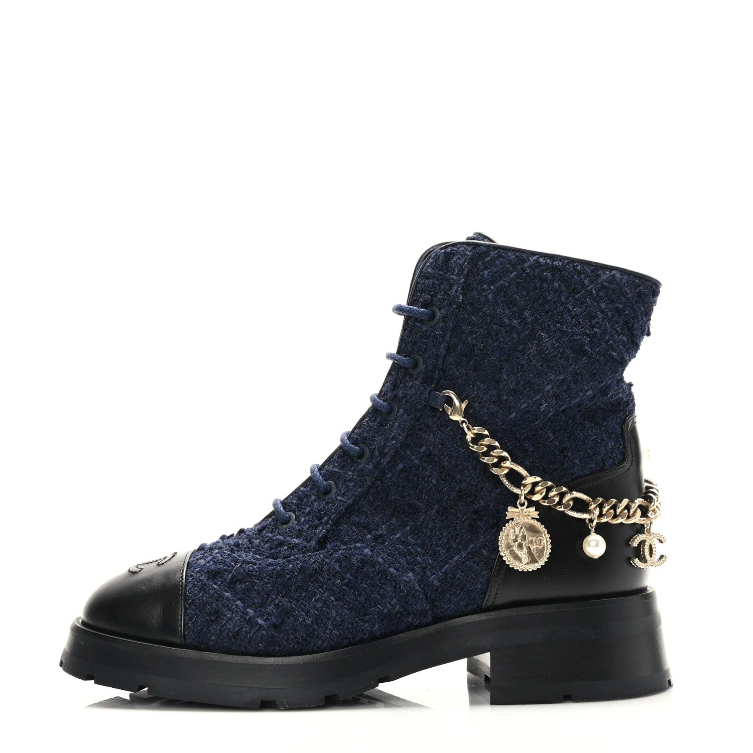 Chanel Tweed Calfskin Chain Lace Up Combat Boots 39 Navy Black 1 of 8