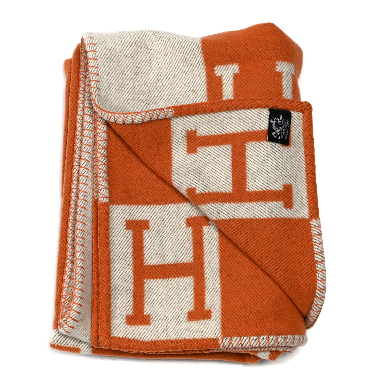 Hermes Wool Cashmere Signature Classic Avalon Blanket Ecru Potiron 2 of 3