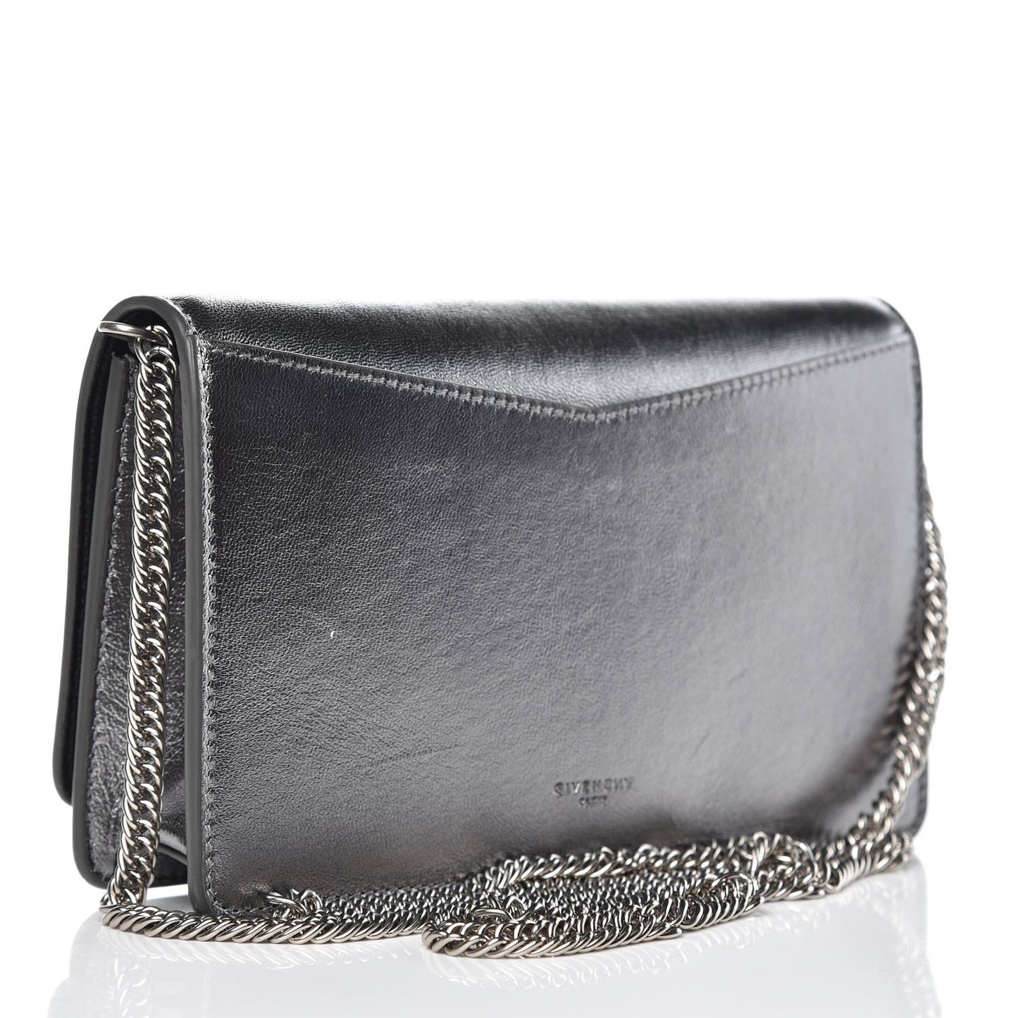 Metallic Goatskin Emblem Chain Wallet Silver