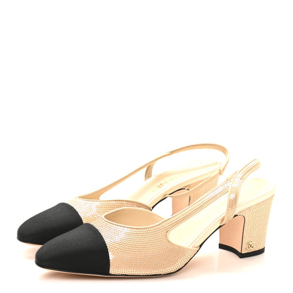 Chanel Sequin Grosgrain Cap Toe CC Slingback Pumps 40 Beige Black 4 of 10