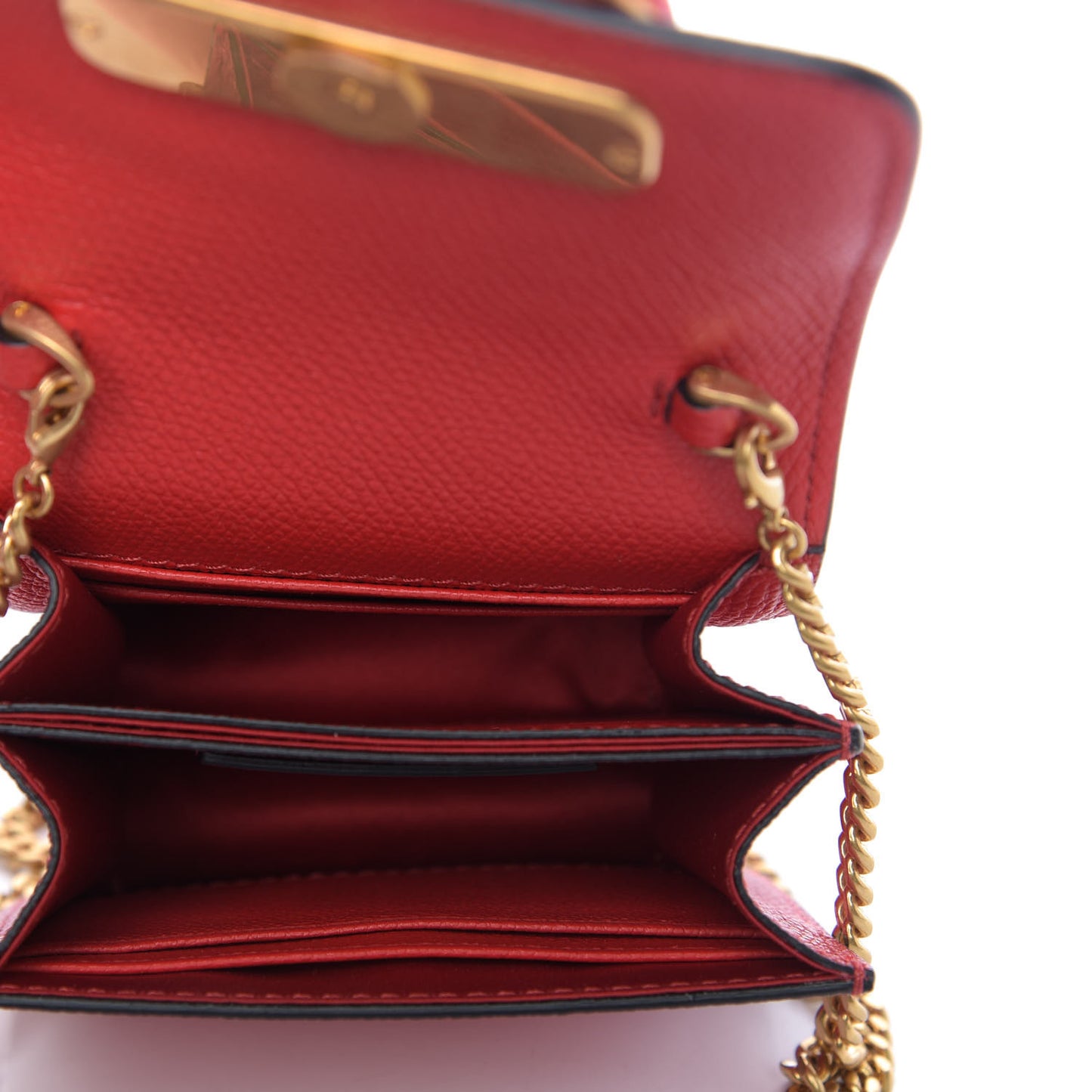 Grainy Calfskin Vlogo Compact Wallet with Chain Rouge Pur