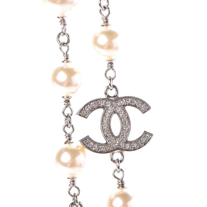Chanel Crystal Pearl CC Long Necklace Silver 4 of 6