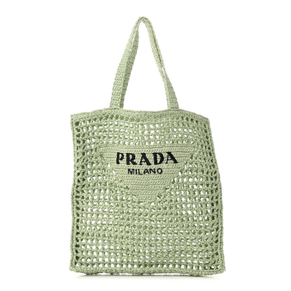 Prada Yarn Raffia Effect Crochet Logo Embroidered Tote Bag Acqua 1 of 10