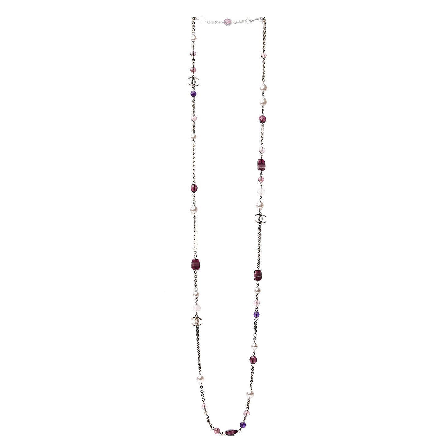 Pearl Beaded Enamel CC Long Necklace Gold Purple