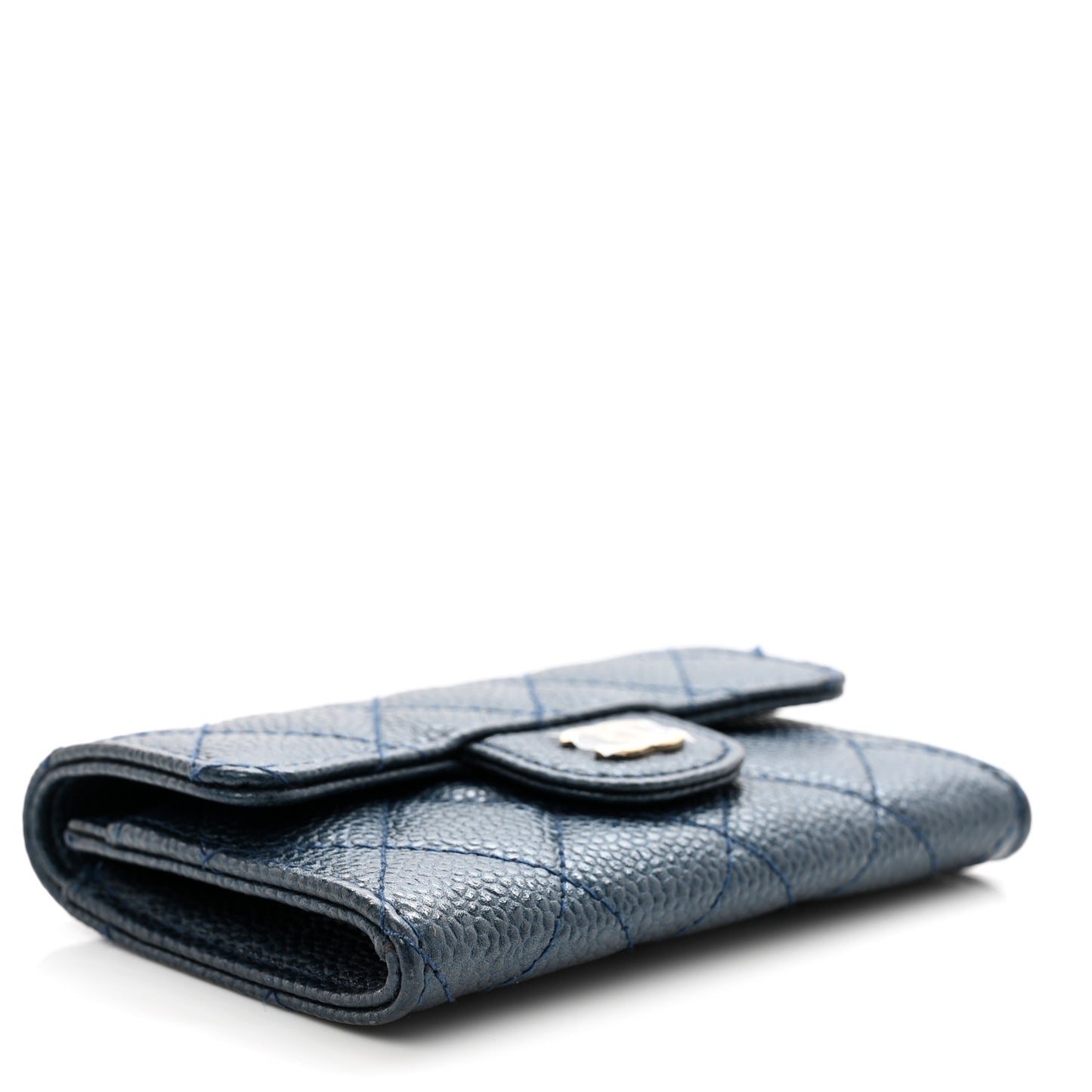 Metallic Caviar Quilted Flap Card Holder Wallet Dark Blue