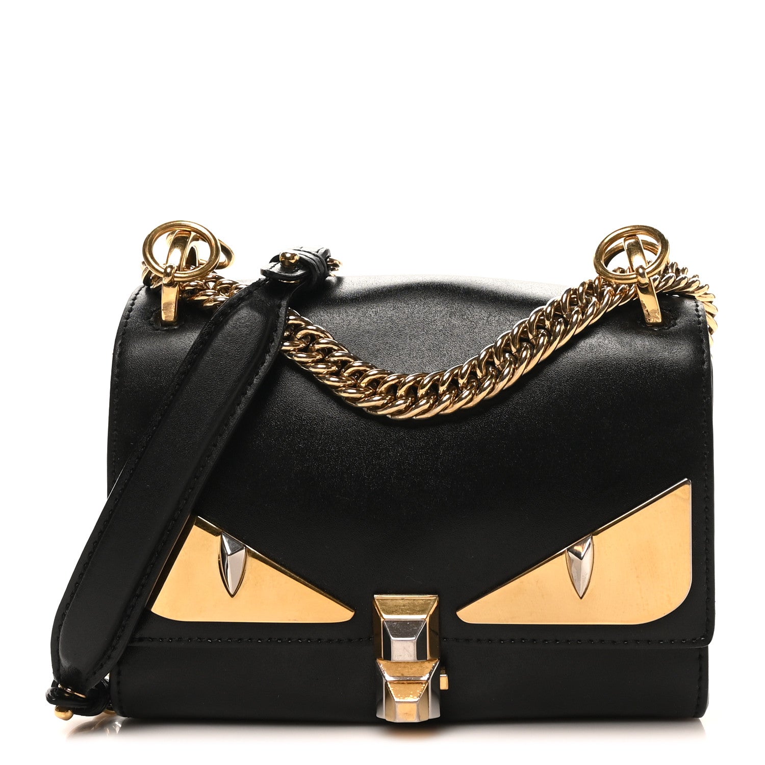 Fendi Vitello Liberty Metal Monster Eyes Small Kan I Shoulder Bag Black Gold 1 of 10