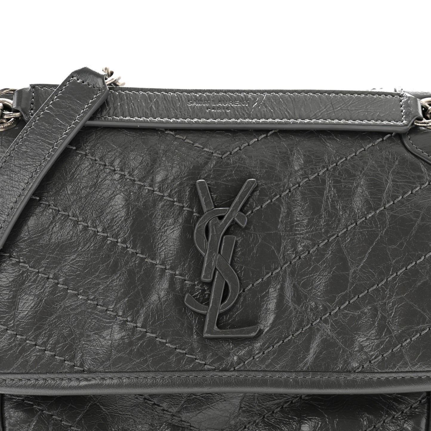 Crinkled Calfskin Matelasse Monogram Baby Niki Chain Satchel Storm