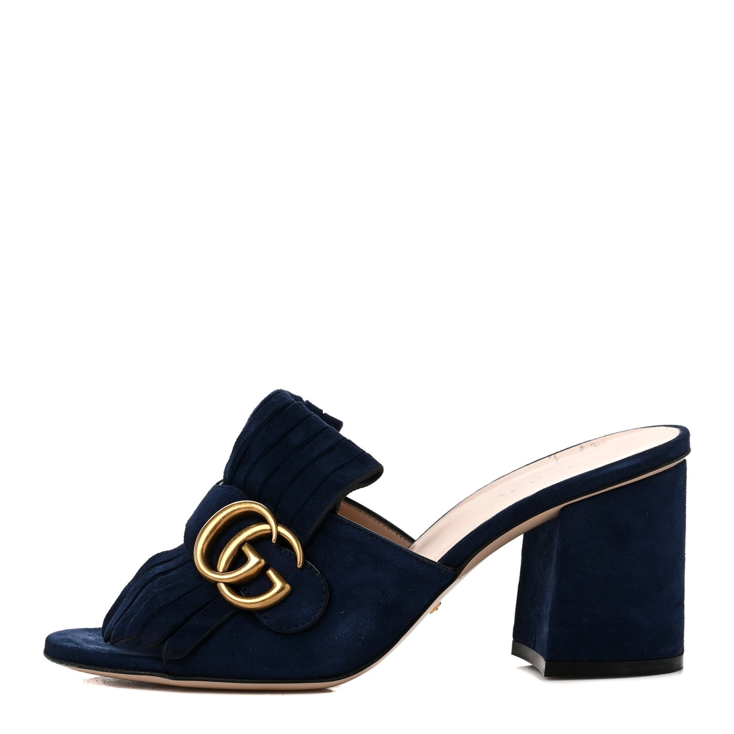 Kid Scamosciato GG Marmont Fringe 75mm Slide Sandals 36.5 Blue Ink