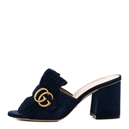 Gucci Kid Scamosciato GG Marmont Fringe 75mm Slide Sandals 36.5 Blue Ink 1 of 8