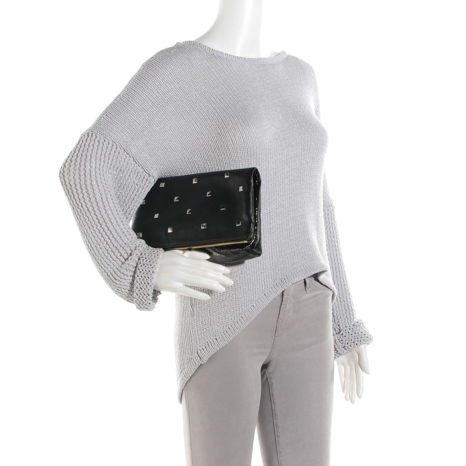 Jimmy Choo Lambskin Studded Patent Foldover Clutch Black 2 of 7