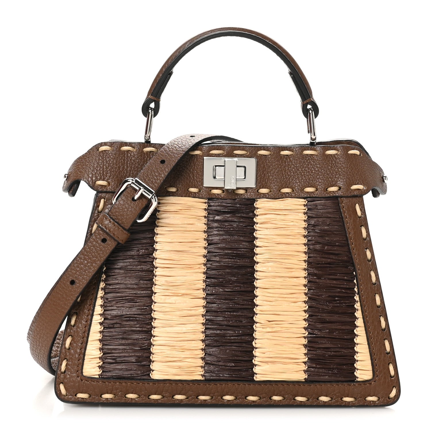 Fendi Fabric Woven Cuoio Romano Selleria Petite Peekaboo I SEE U Satchel Natural Gianduia 1 of 9