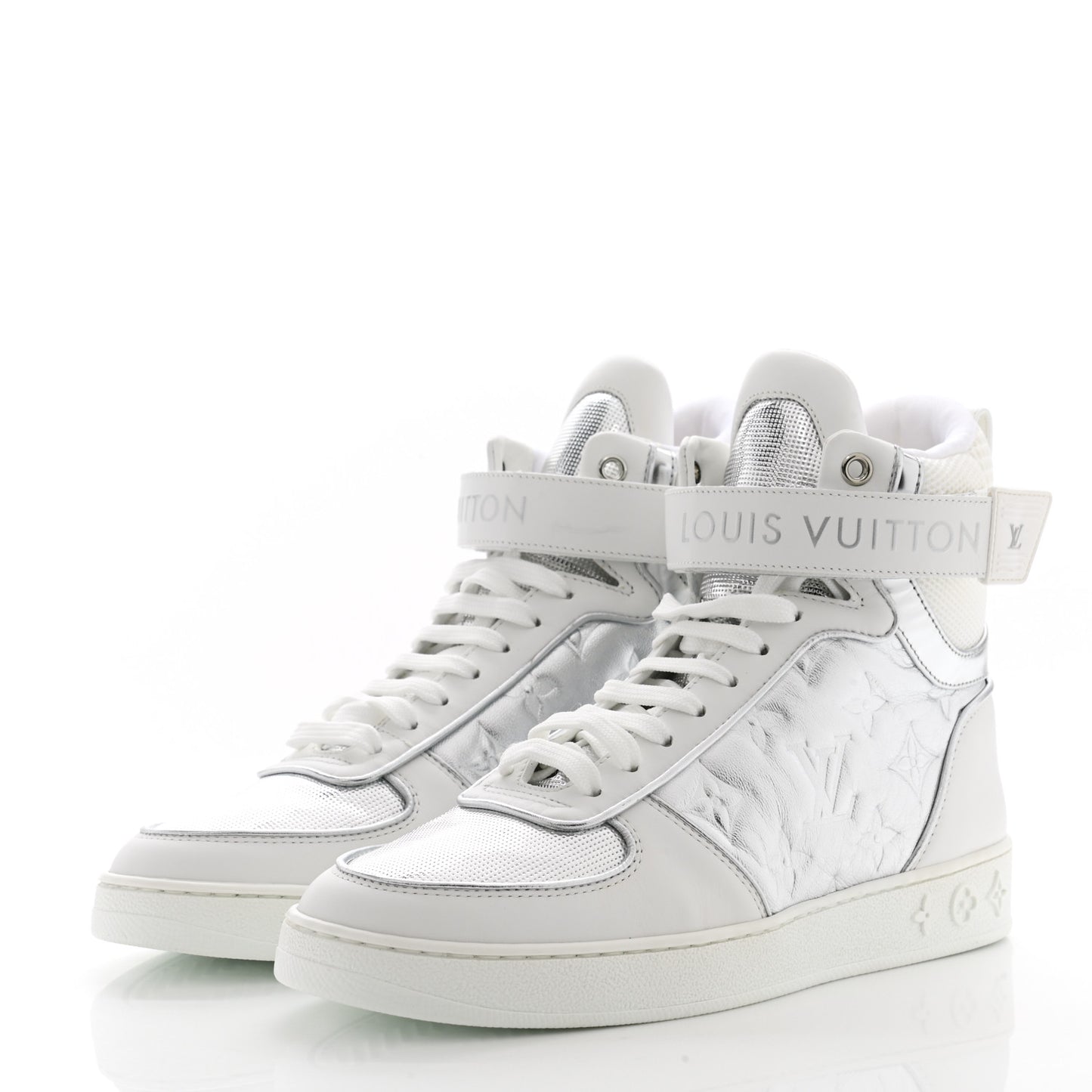 Metallic Calfskin Embossed Monogram Boombox Sneakers 36.5 White Silver