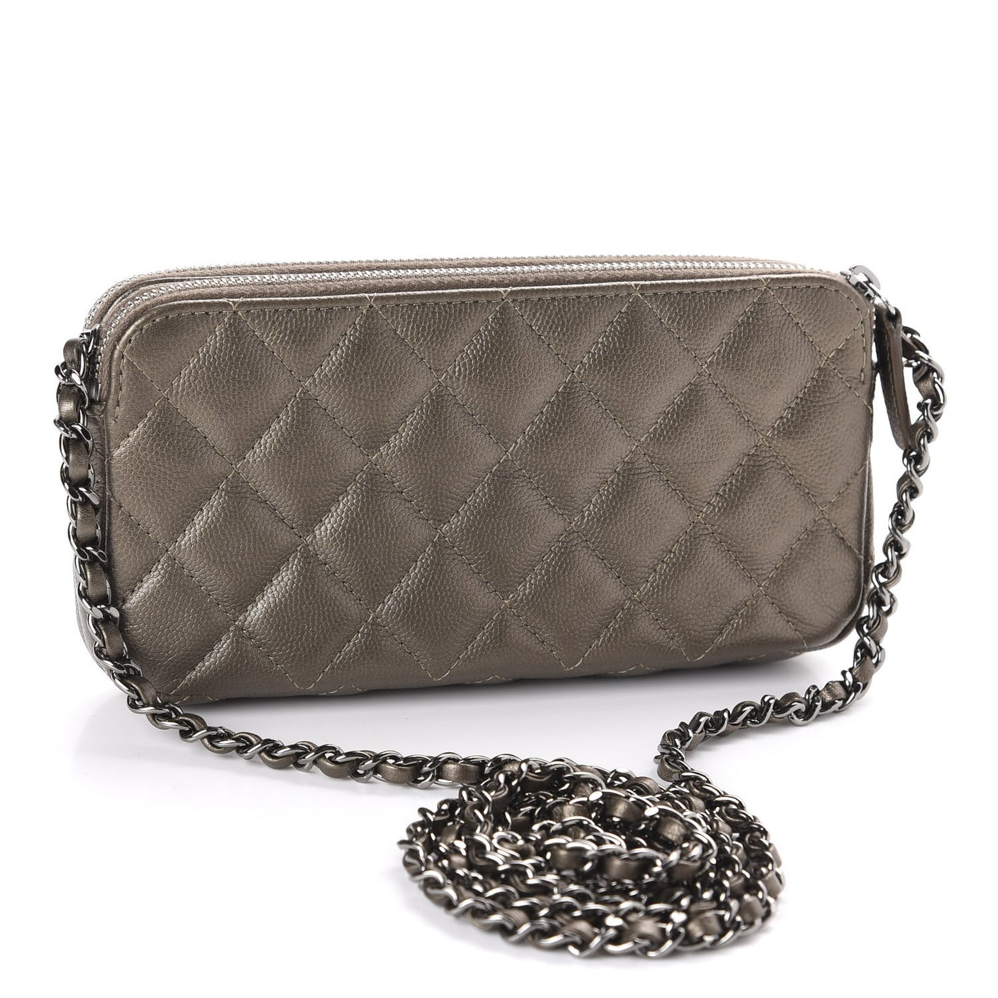 Metallic Caviar Quilted Small Clutch With Chain Gold