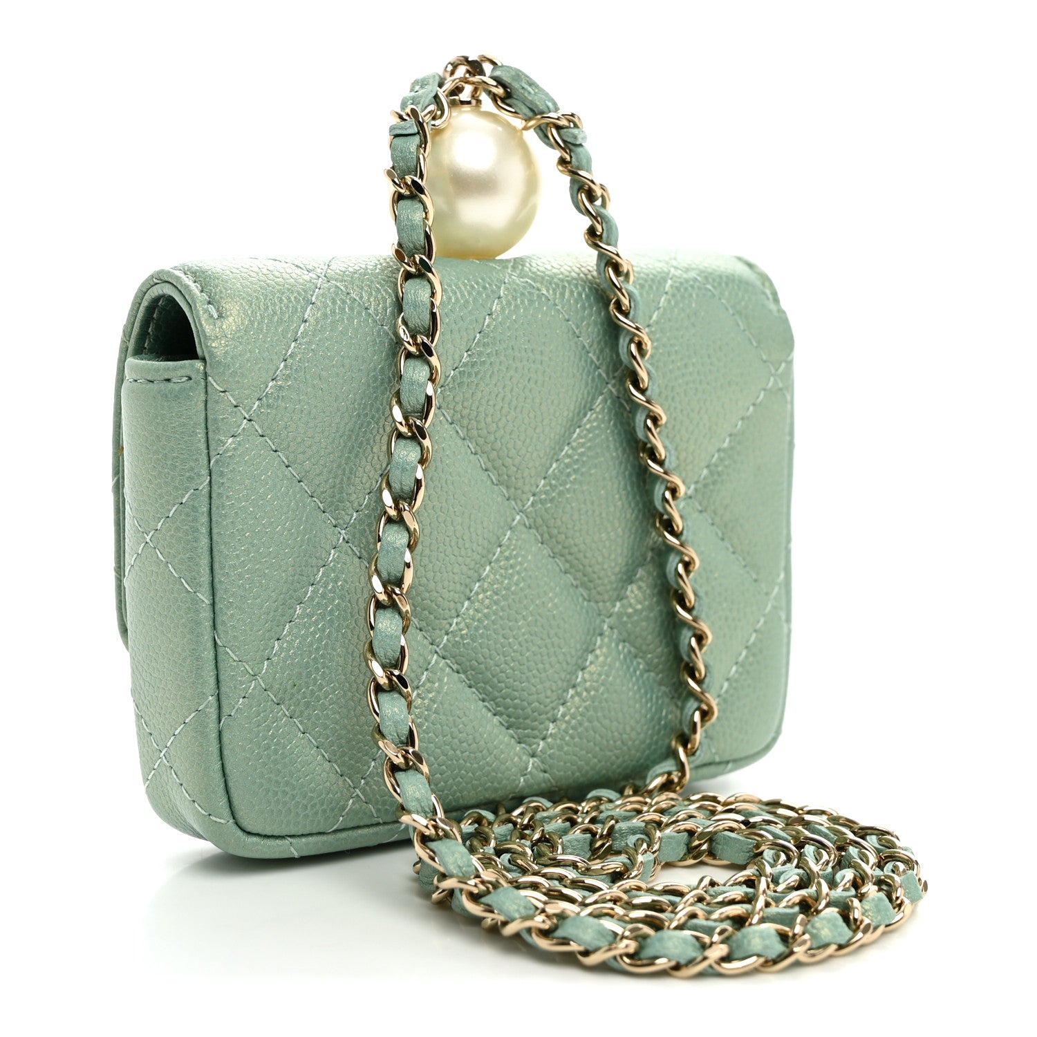 Chanel Iridescent Caviar Quilted Pearl On Top Coin Purse With Chain Light Green 3 of 10