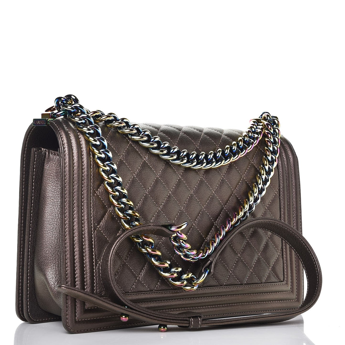 Iridescent Goatskin Quilted New Medium Boy Flap Dark Gold
