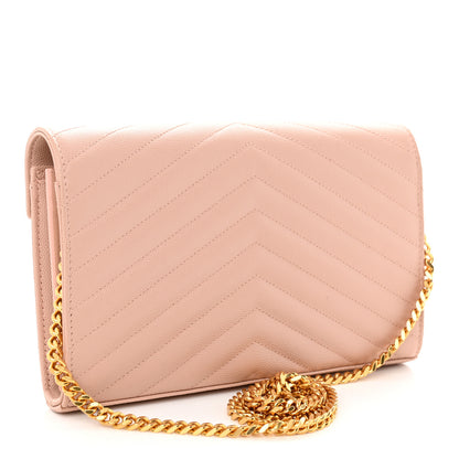Saint Laurent Grain De Poudre Matelasse Chevron Monogram Chain Wallet Pale Pink 2 of 9