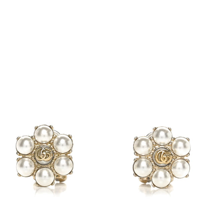 Gucci Metal Pearl Double G Clip On Earrings Aged Gold 1 of 5