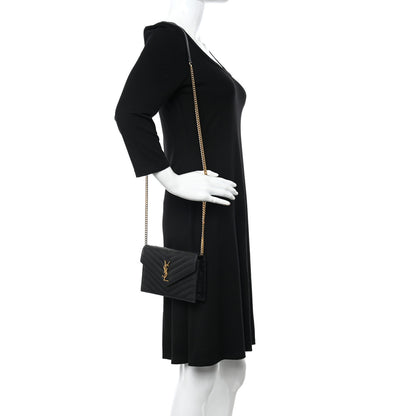 Saint Laurent Grain De Poudre Matelasse Chevron Monogram Envelope Chain Wallet Black 2 of 12