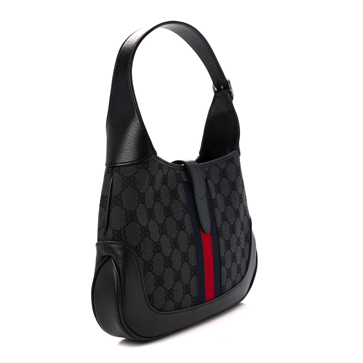 Gucci X BALENCIAGA BB Monogram Calfskin Web Small Jackie 1961 Hobo Black 4 of 11