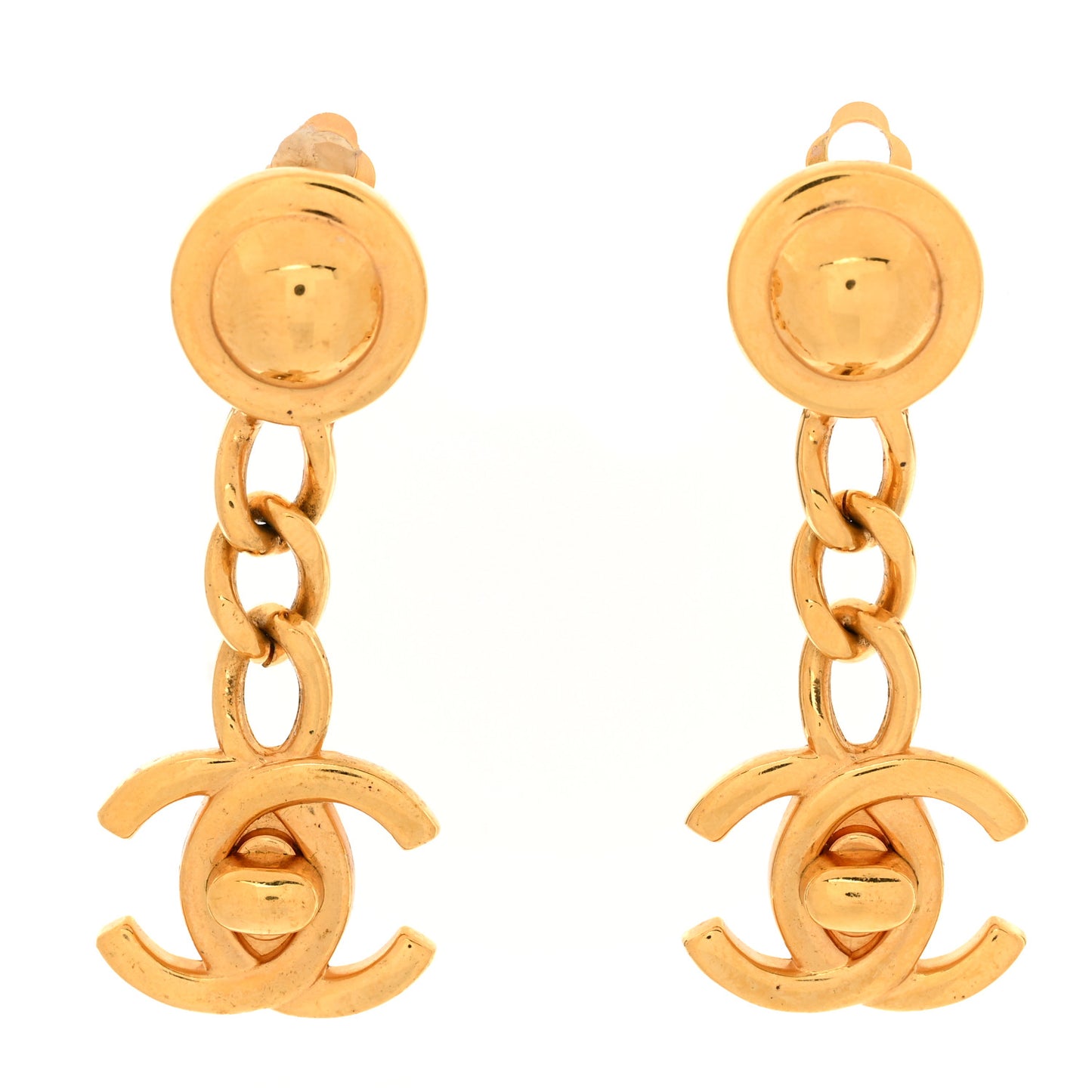 CC Drop Turnlock Clip On Earrings Gold
