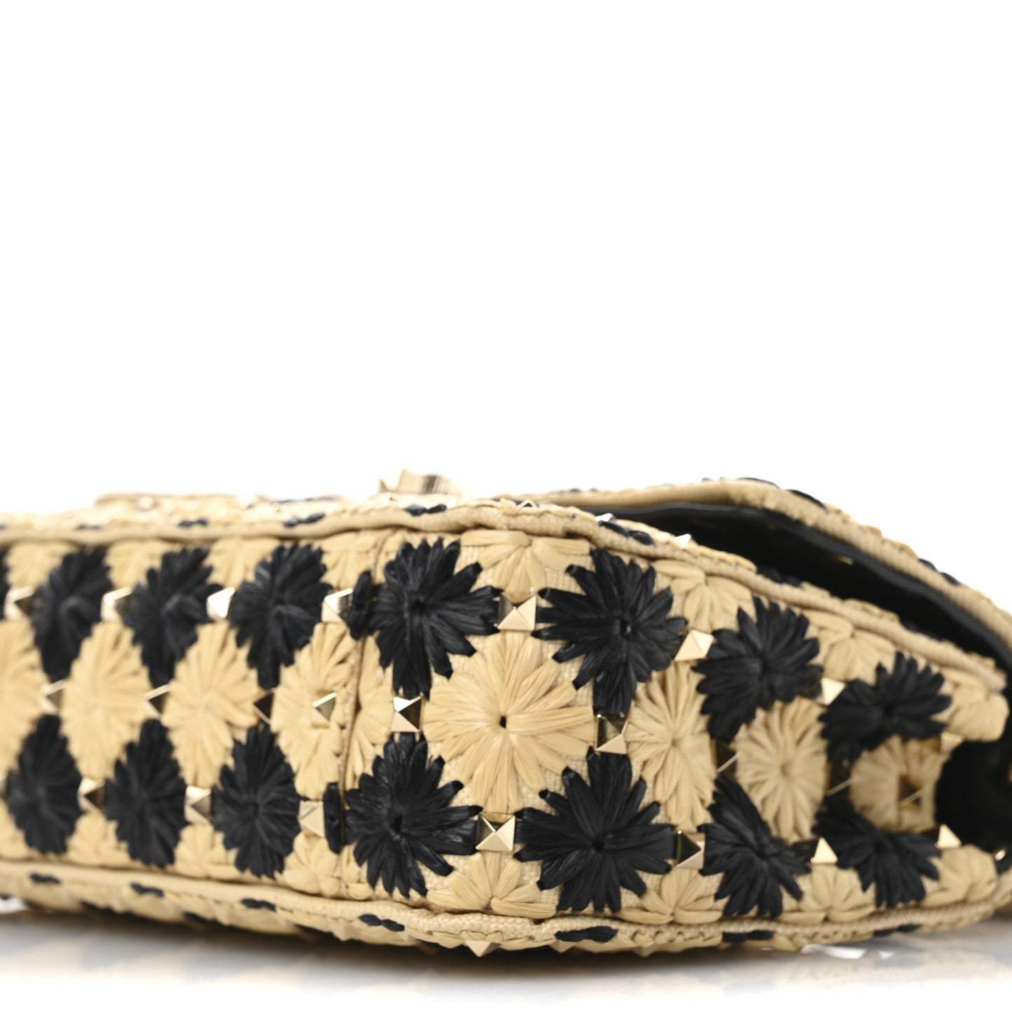 Raffia Embroidered Checkered Small Rockstud Spike Shoulder Bag Natural Black