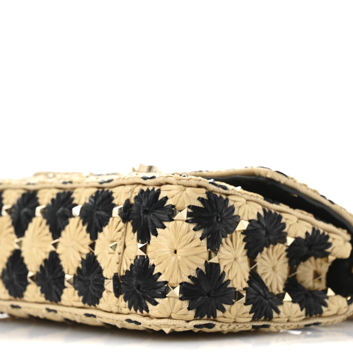 Valentino Garavani Raffia Embroidered Checkered Small Rockstud Spike Shoulder Bag Natural Black 9 of 9