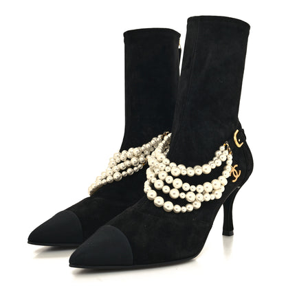 Chanel Stretch Suede Calfskin Grosgrain Pearl Multi Strand Cap Toe Ankle Boots 37 Black 3 of 7