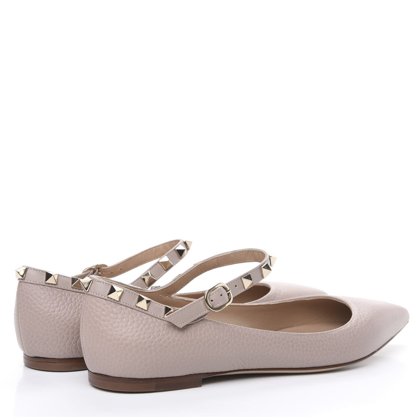 Pebbled Calfskin Rockstud Ankle Strap Ballerina Flats 37 Poudre