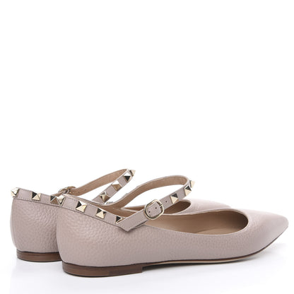 Valentino Garavani Pebbled Calfskin Rockstud Ankle Strap Ballerina Flats 37 Poudre 4 of 8
