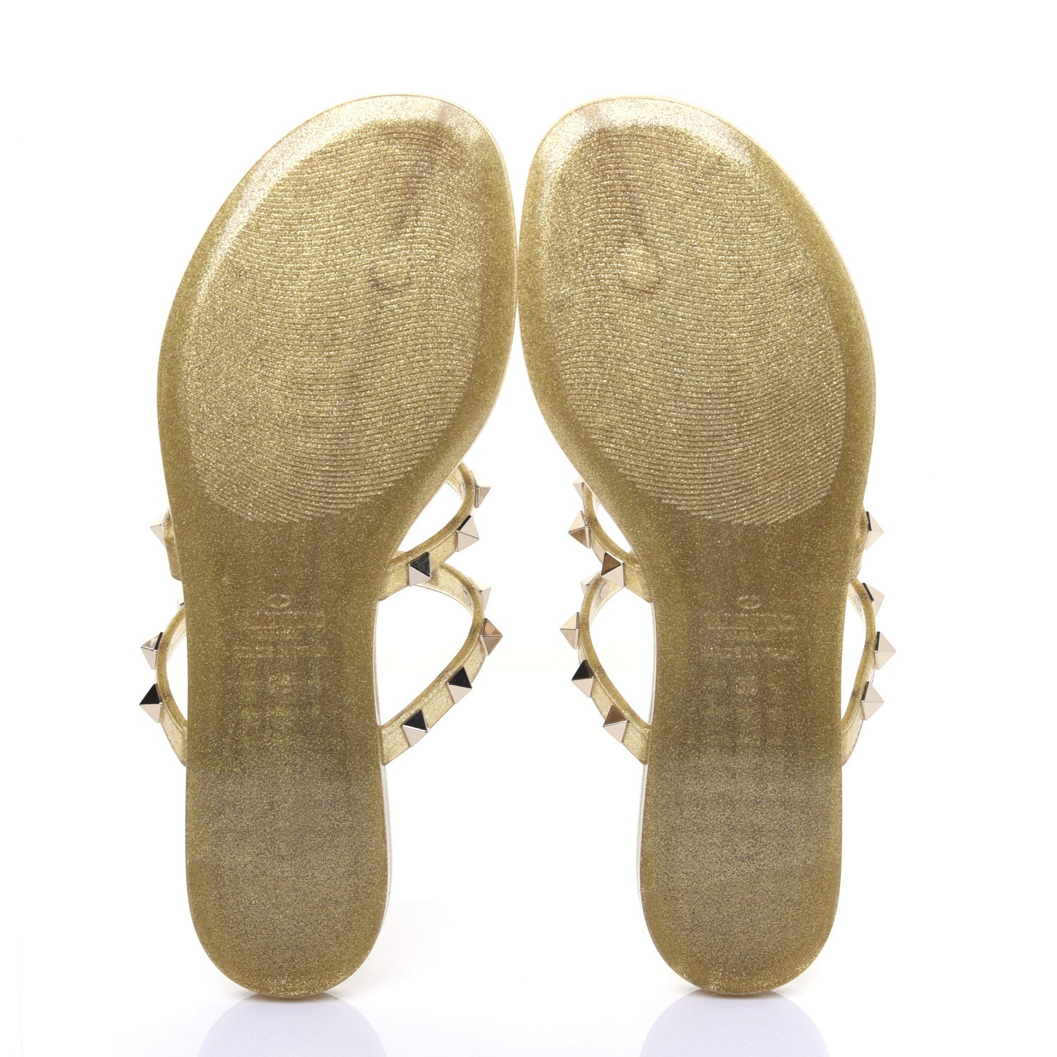 Valentino Garavani PVC Jelly Glitter Rockstud Caged Flat Thong Sandals 36 Oro 6 of 12