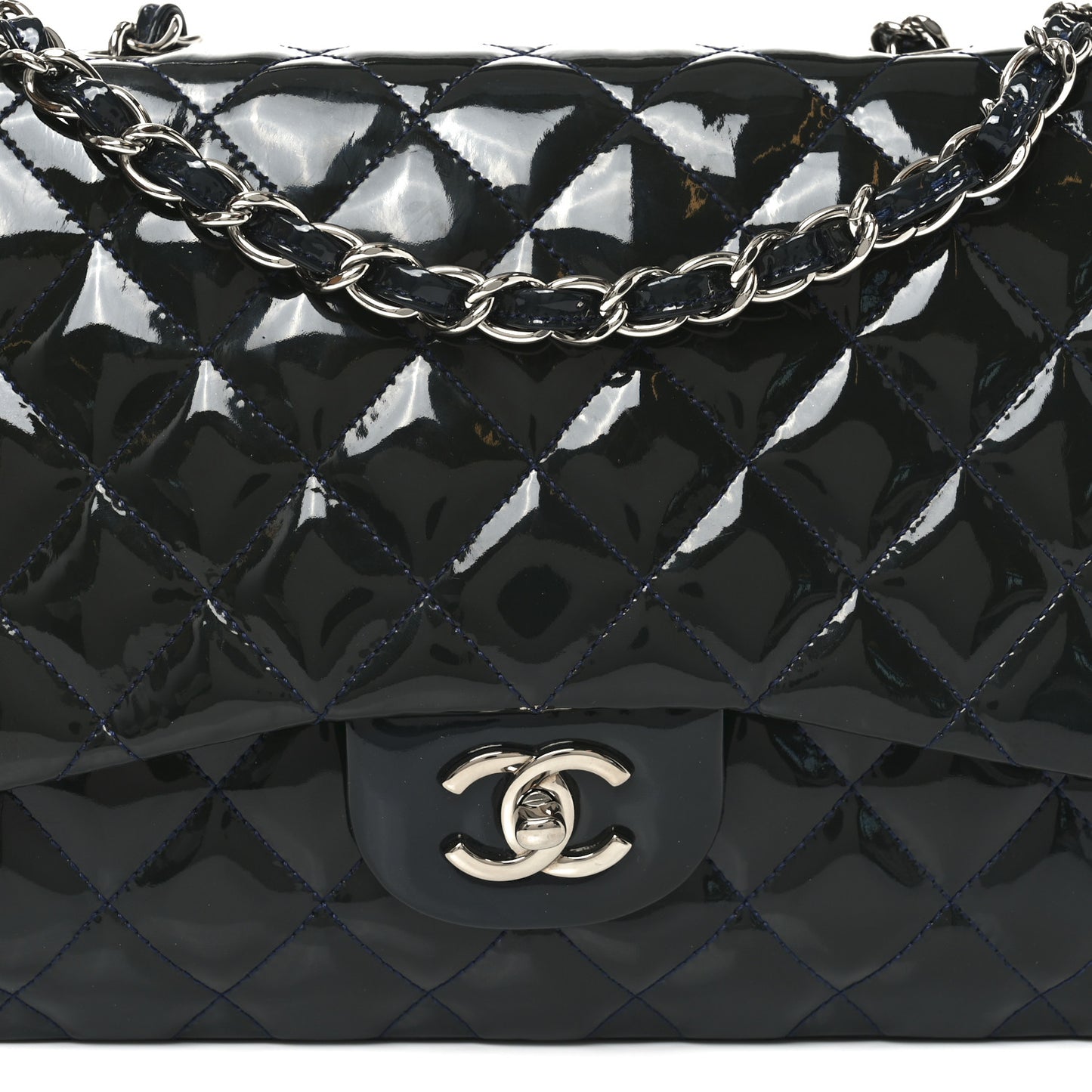 Patent Quilted Jumbo Single Flap Navy