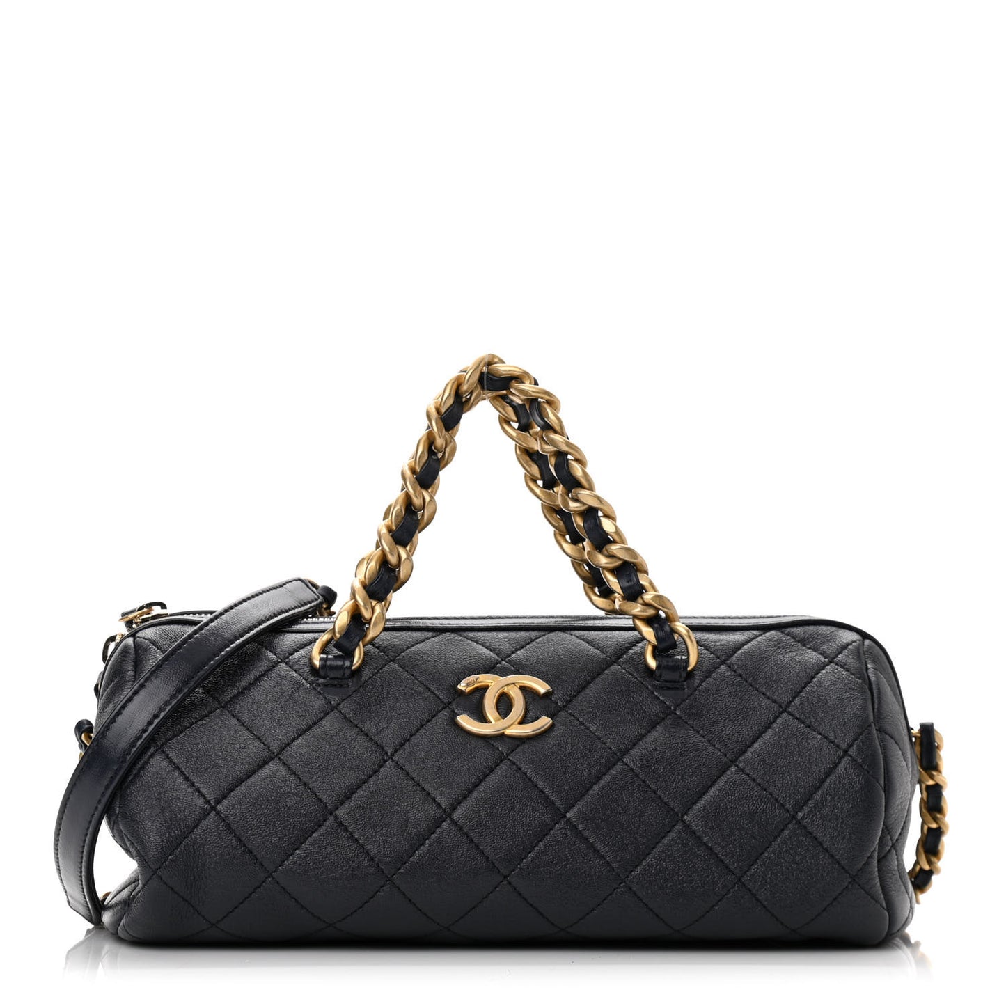 Shiny Lambskin Quilted Fashion Therapy Bowling Bag Navy