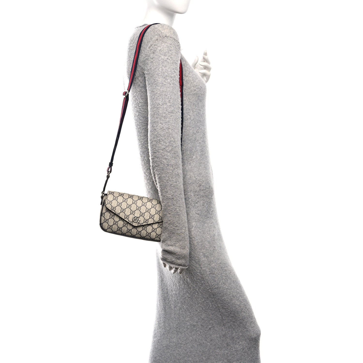 Gucci GG Supreme Monogram Textured Dollar Calfskin Web Mini Ophidia Envelope Shoulder Bag Beige Blue 2 of 11