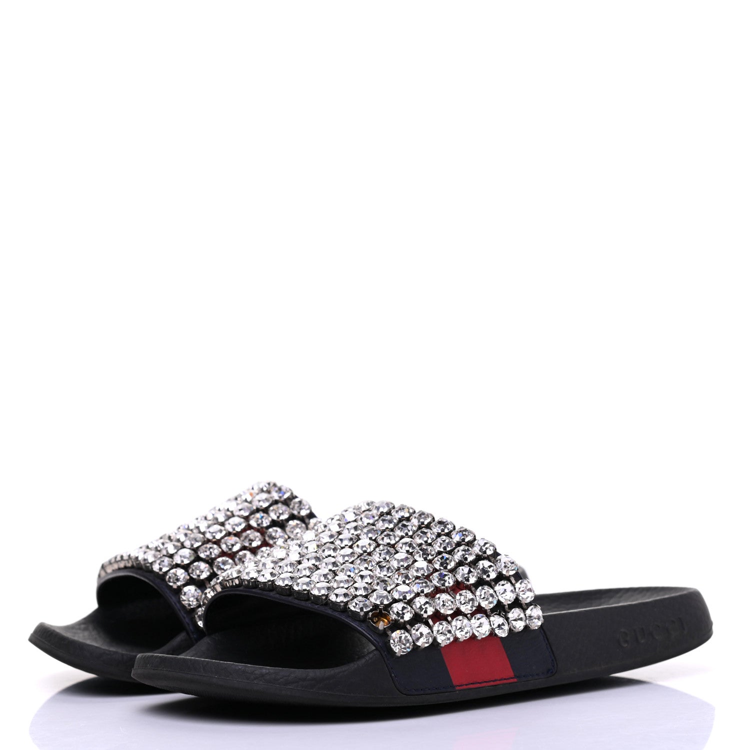 Gucci Calfskin Crystal Embellished Web Slide Sandals 37 Blue Red 3 of 12