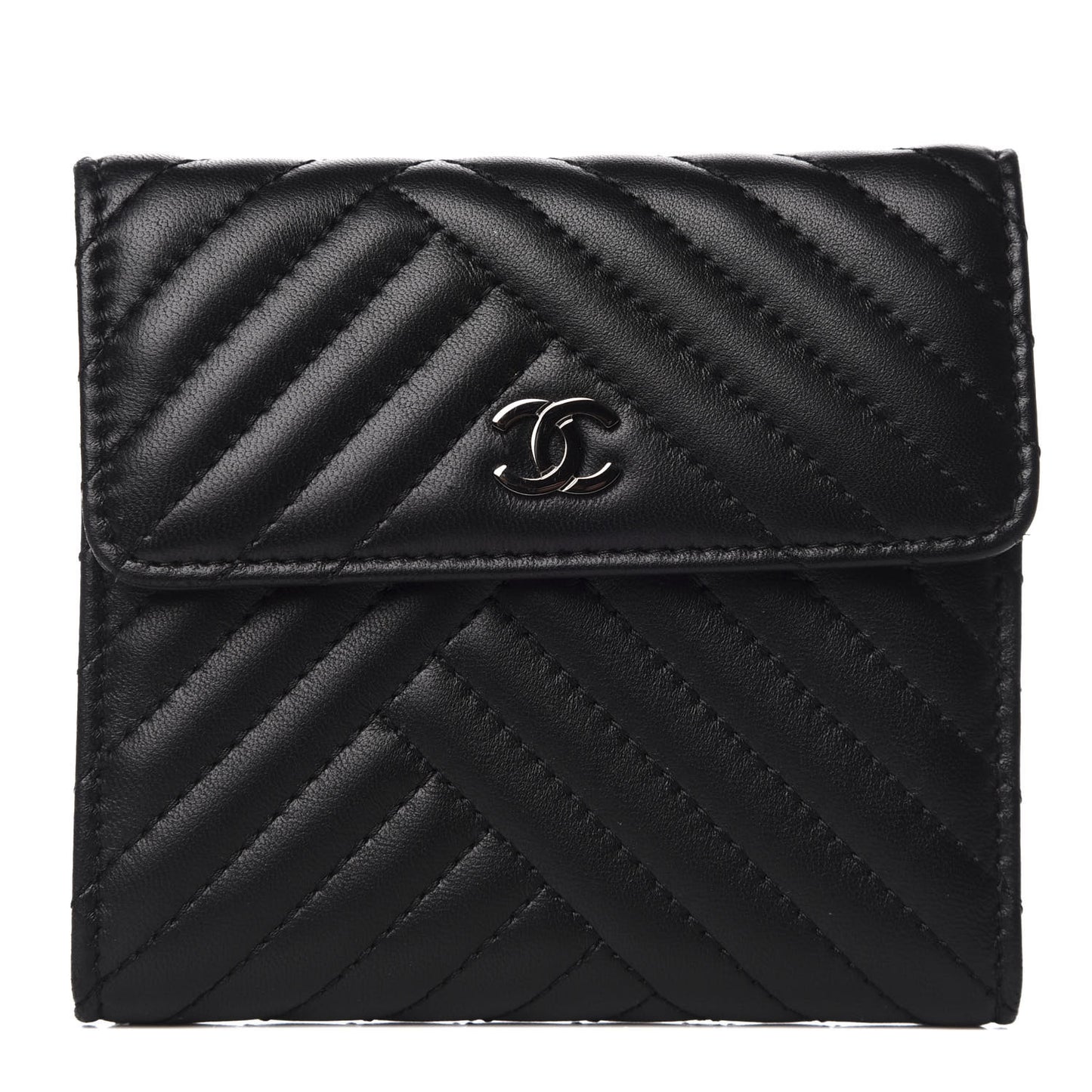 Lambskin Chevron Quilted Compact Flap Wallet Black