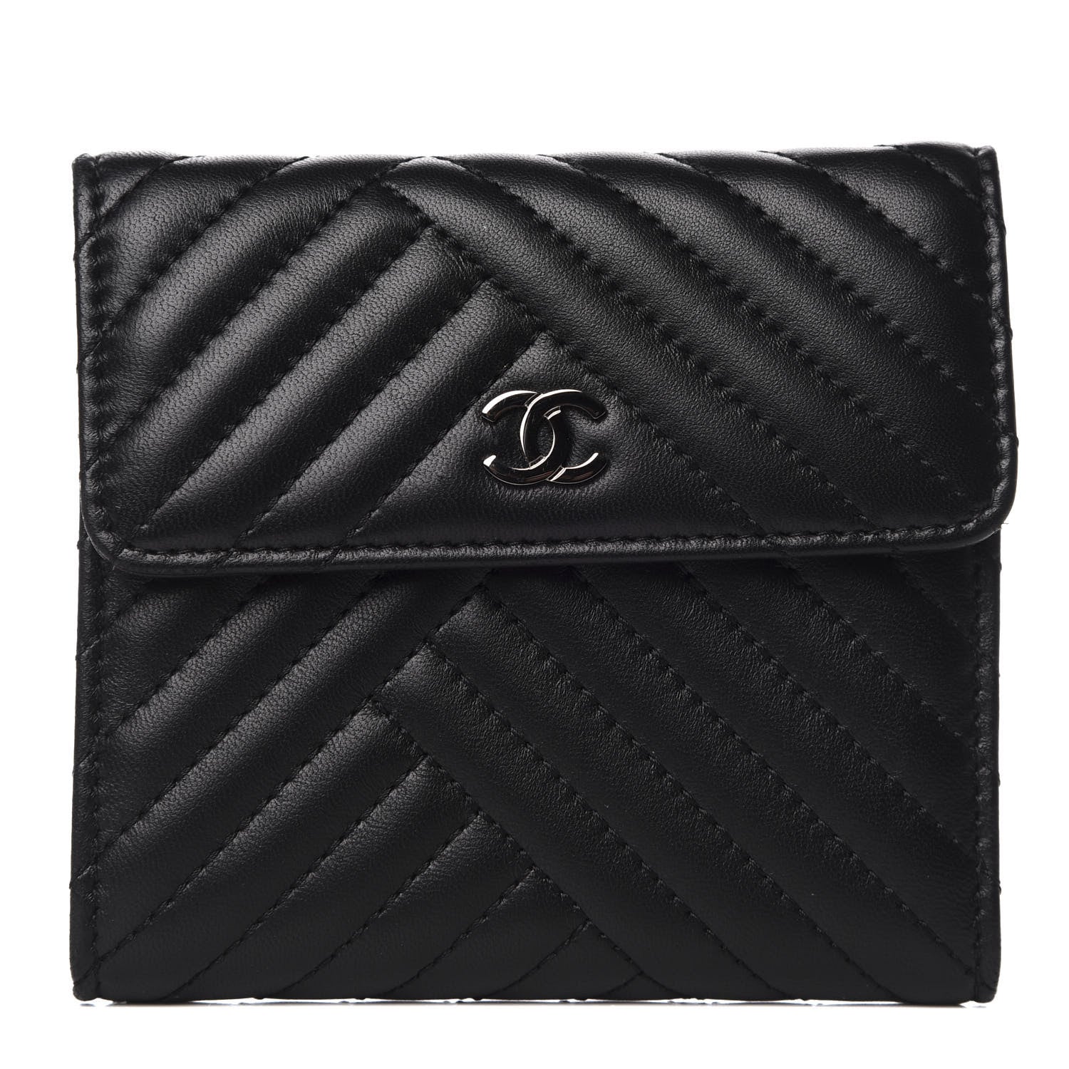 Chanel Lambskin Chevron Quilted Compact Flap Wallet Black 1 of 8