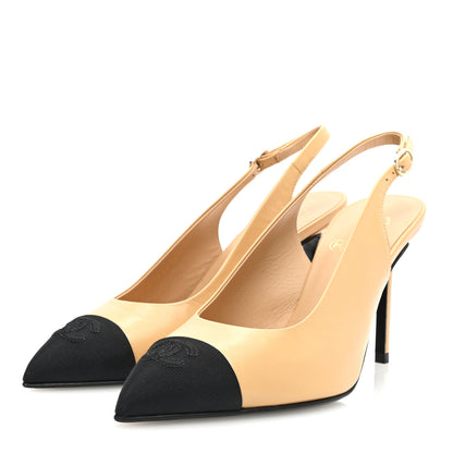 Chanel Goatskin Grosgrain Pointed Cap Toe CC Slingback Pumps 37.5 Beige Black 3 of 8