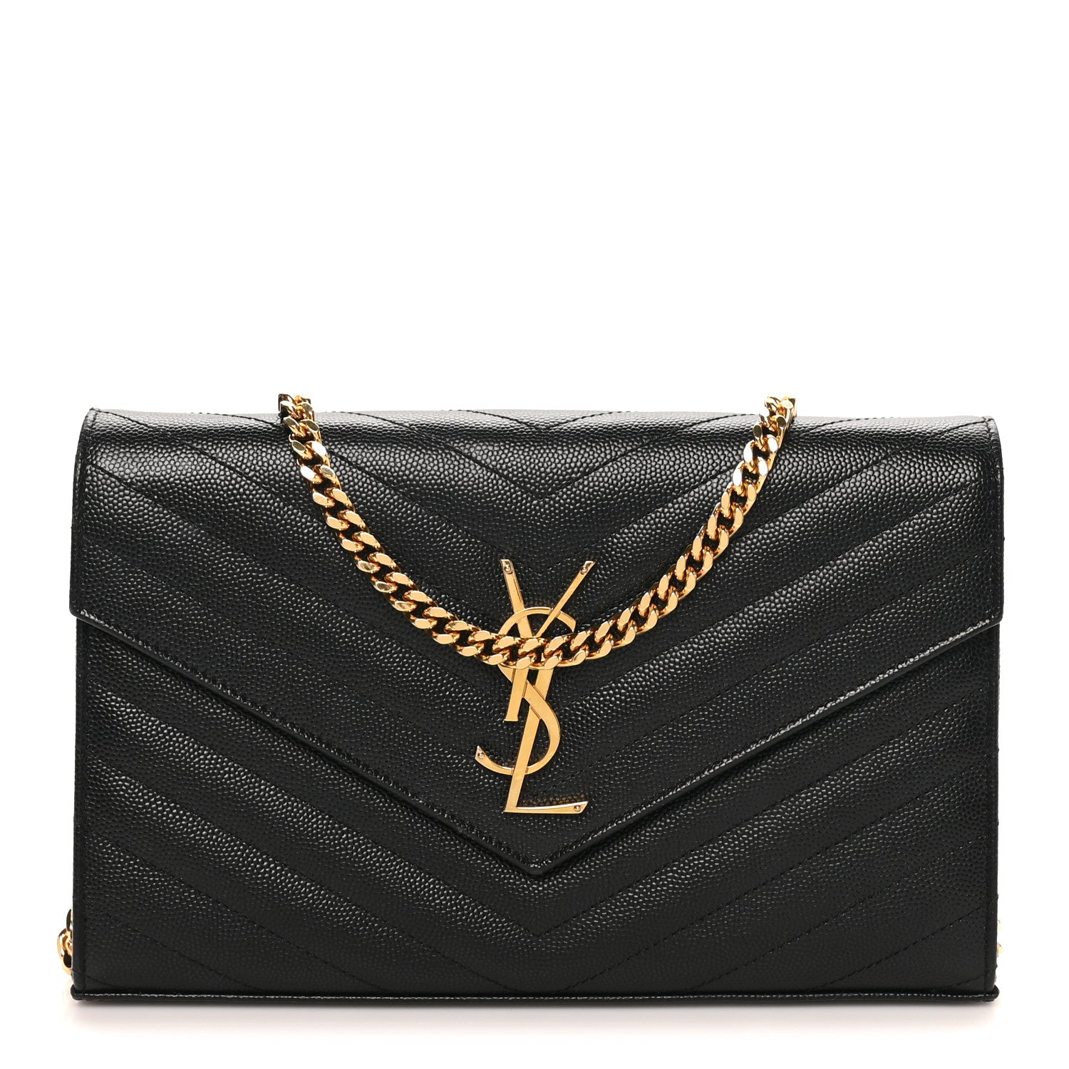 Saint Laurent Grain De Poudre Matelasse Chevron Monogram Chain Wallet Black 1 of 9