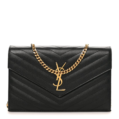 Saint Laurent Grain De Poudre Matelasse Chevron Monogram Chain Wallet Black 1 of 9