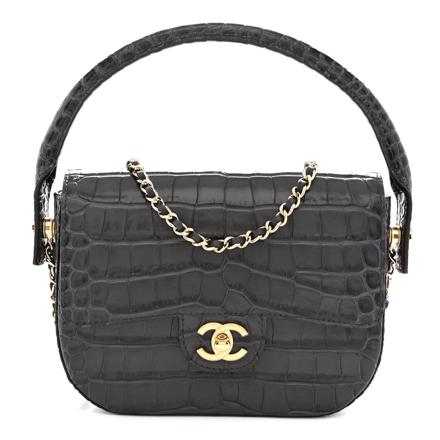 Chanel Calfskin Crocodile Embossed Turn Around Mini Flap Dark Grey 1 of 12
