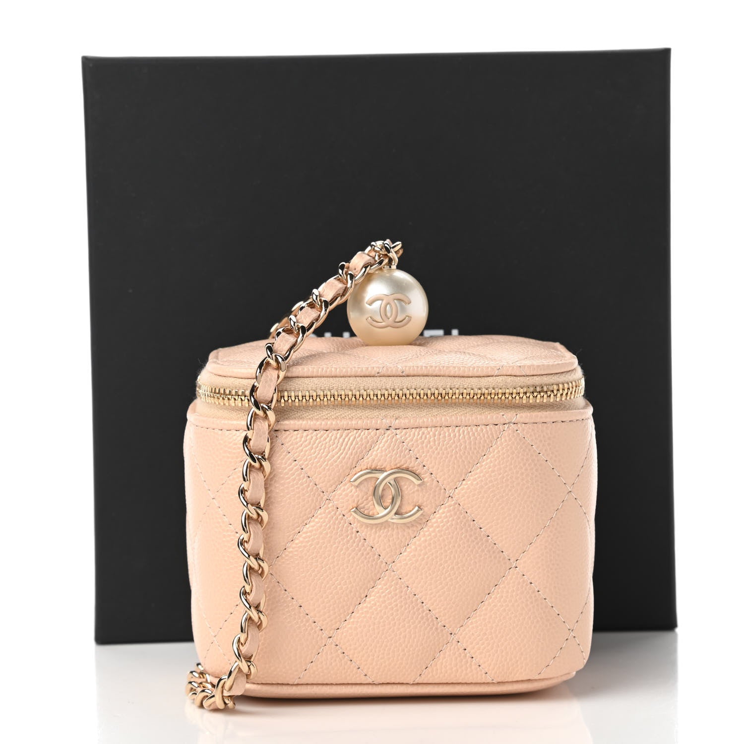 Chanel Iridescent Caviar Quilted Mini Pearl On Top Vanity Case With Chain Beige 11 of 11