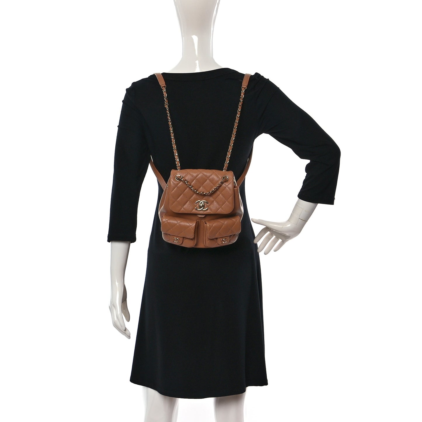 Shiny Caviar Quilted Medium Duma Pockets Drawstring Backpack Dark Beige